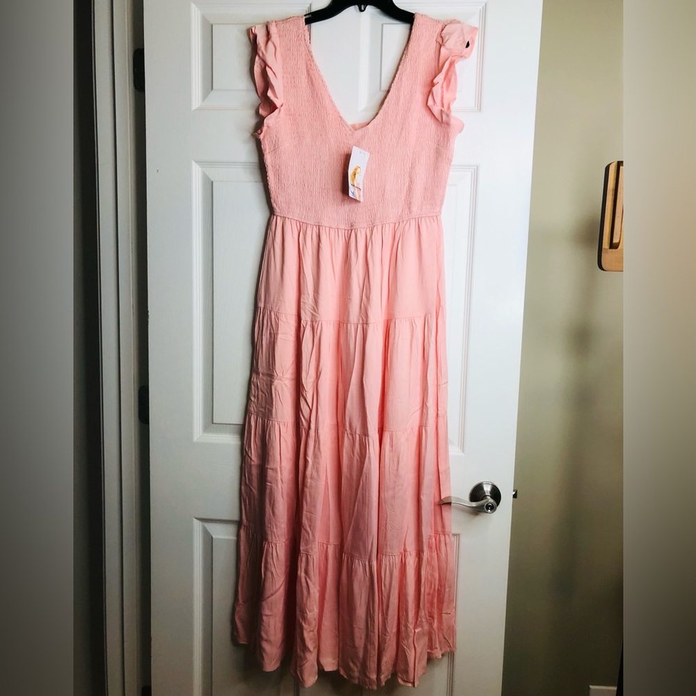 Peach Tiered Maxi Dress with Ruffle Sleeves